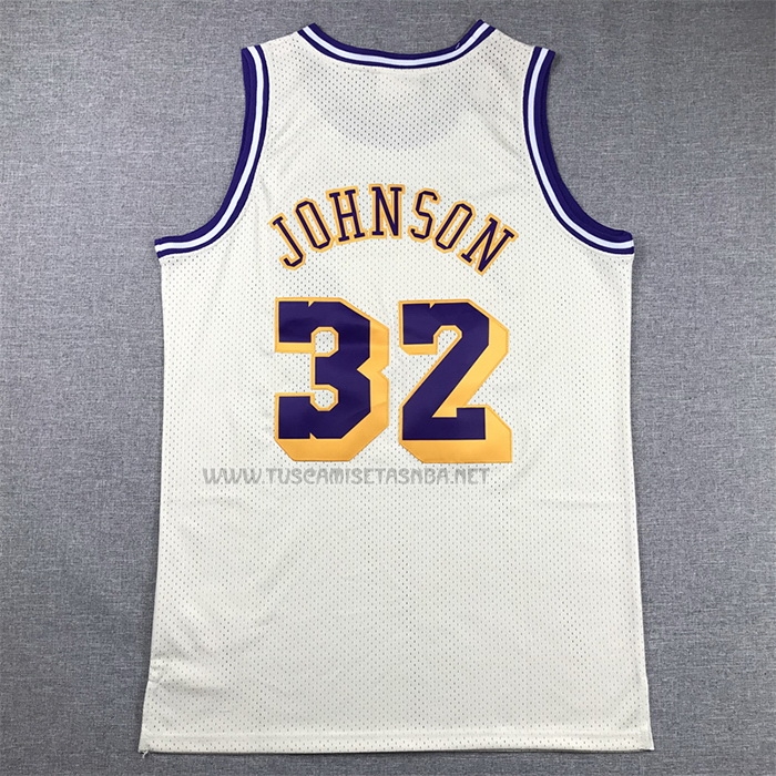 Camiseta Magic Johnson NO 32 Los Angeles Lakers Mitchell & Ness Chainstitch Crema